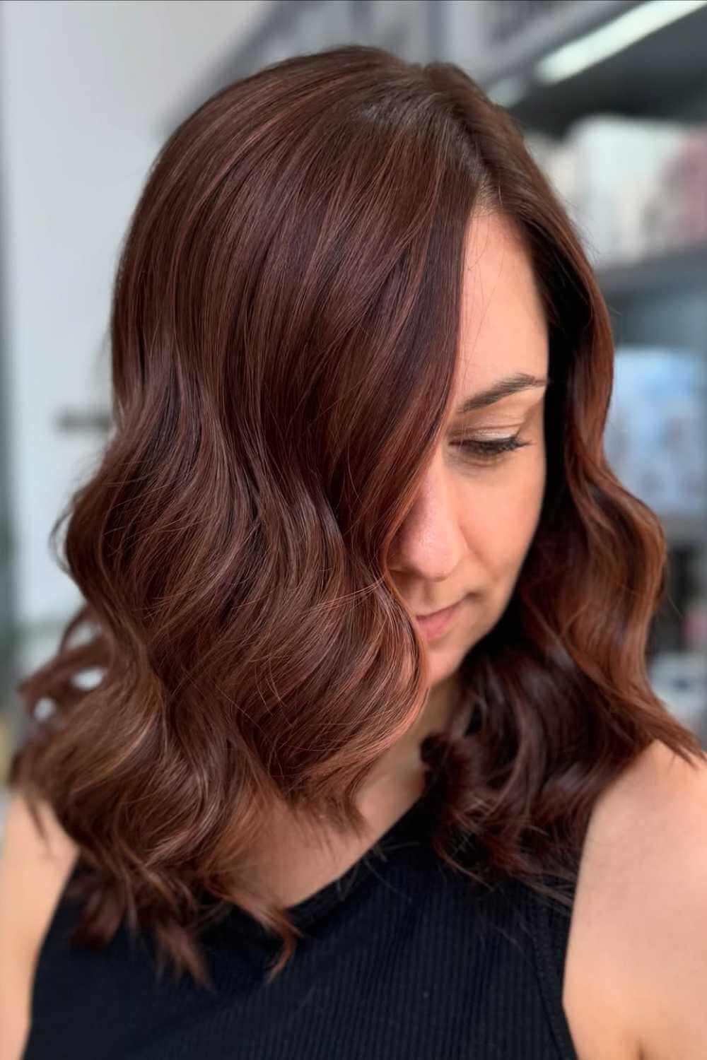 Deep red hair colour on a shoulder-length cut